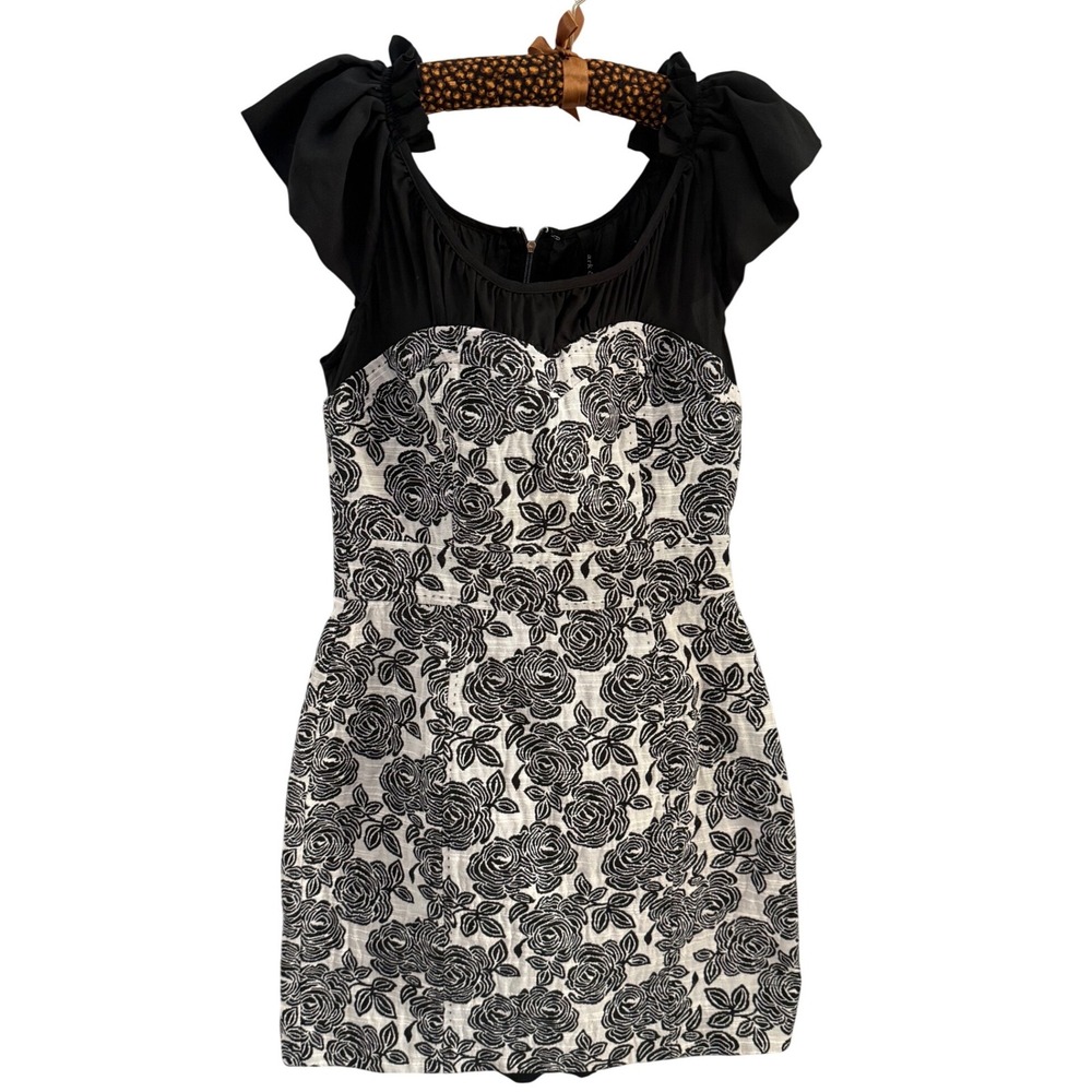 Ark & Co Women Black‎ White Floral Tapestry Ruffle Mini Dress BD-10370-B Size S